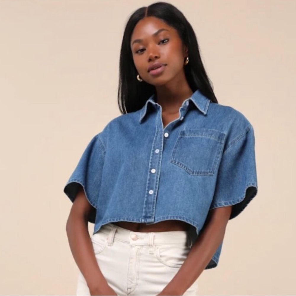 Lulus Denim Cropped Collared Button-Up Shirt with Pocket size XL
